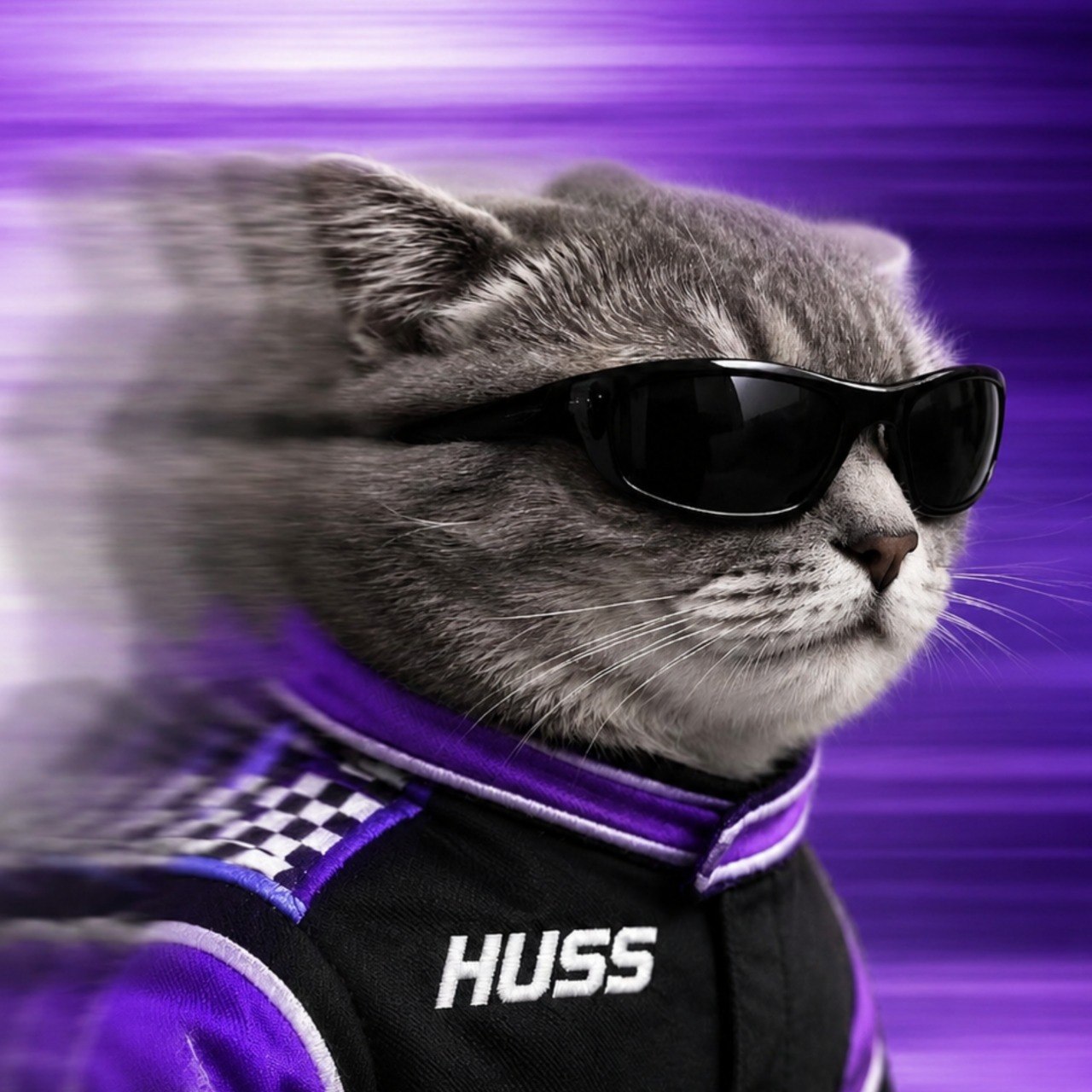 HUSS, a tabby cat in a purple and black racing suit wearing black sunglasses, blurred by speed
